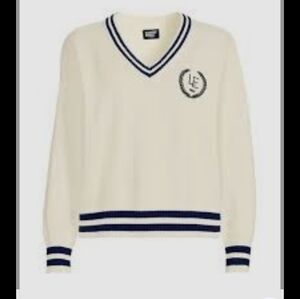 Lands' End Women's Ivory V-Neck Sweater with Navy Trim